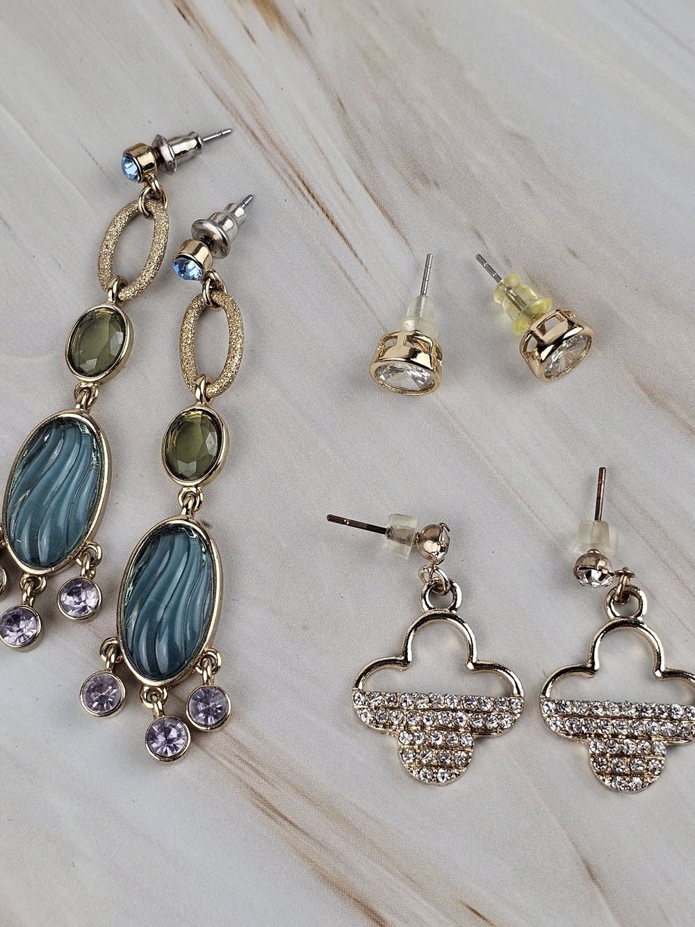 Gold Tone Sea Blue Pierced Drop Earrings Fashion Jewelry Lot of 3